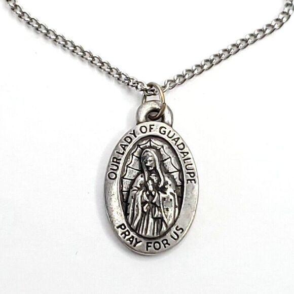 Our Lady Of Guadalupe Pendant Necklace Pray For Us Religious Charm Silvertone - Picture 1 of 3